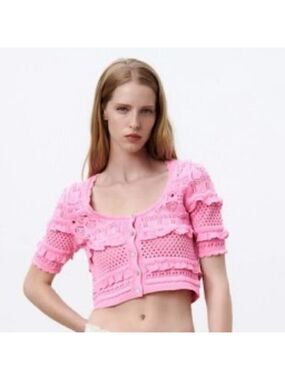 Zara | Short Sleeve Pink Lace Crochet Cardigan